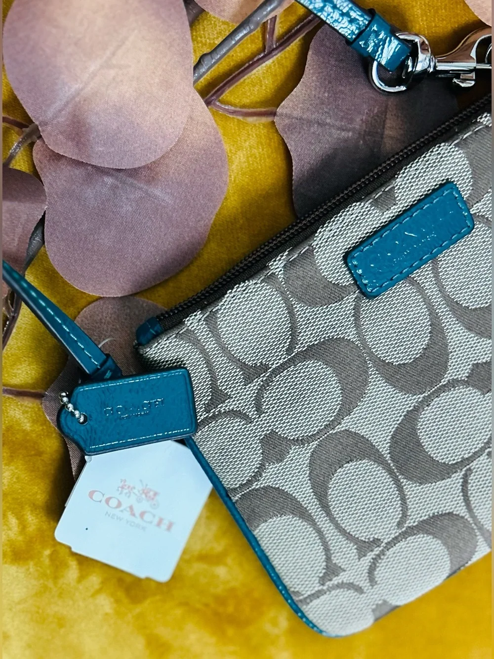 Coach Signature Canvas Wristlet with Teal Trim